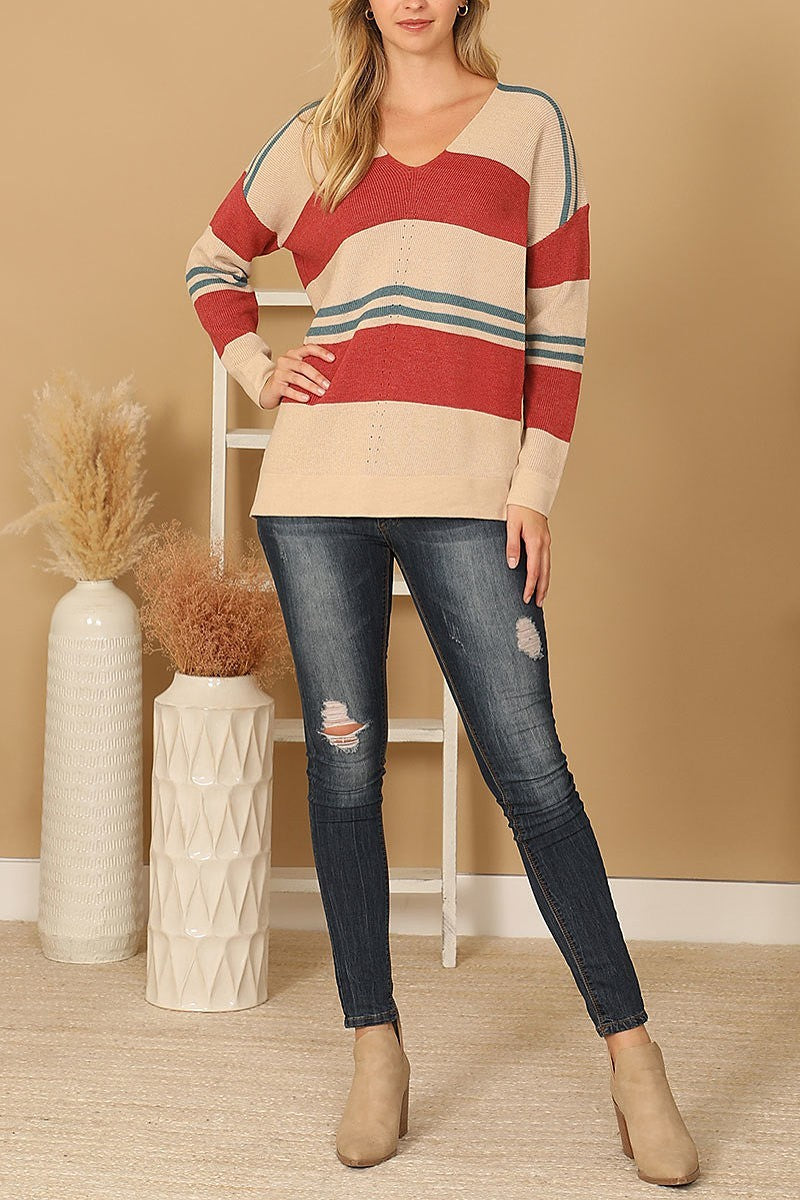 V-neck stripe knitted sweater (DGS6681)