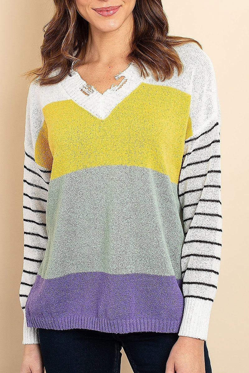 Distressed neck stripe color block sweater (DGS4973)