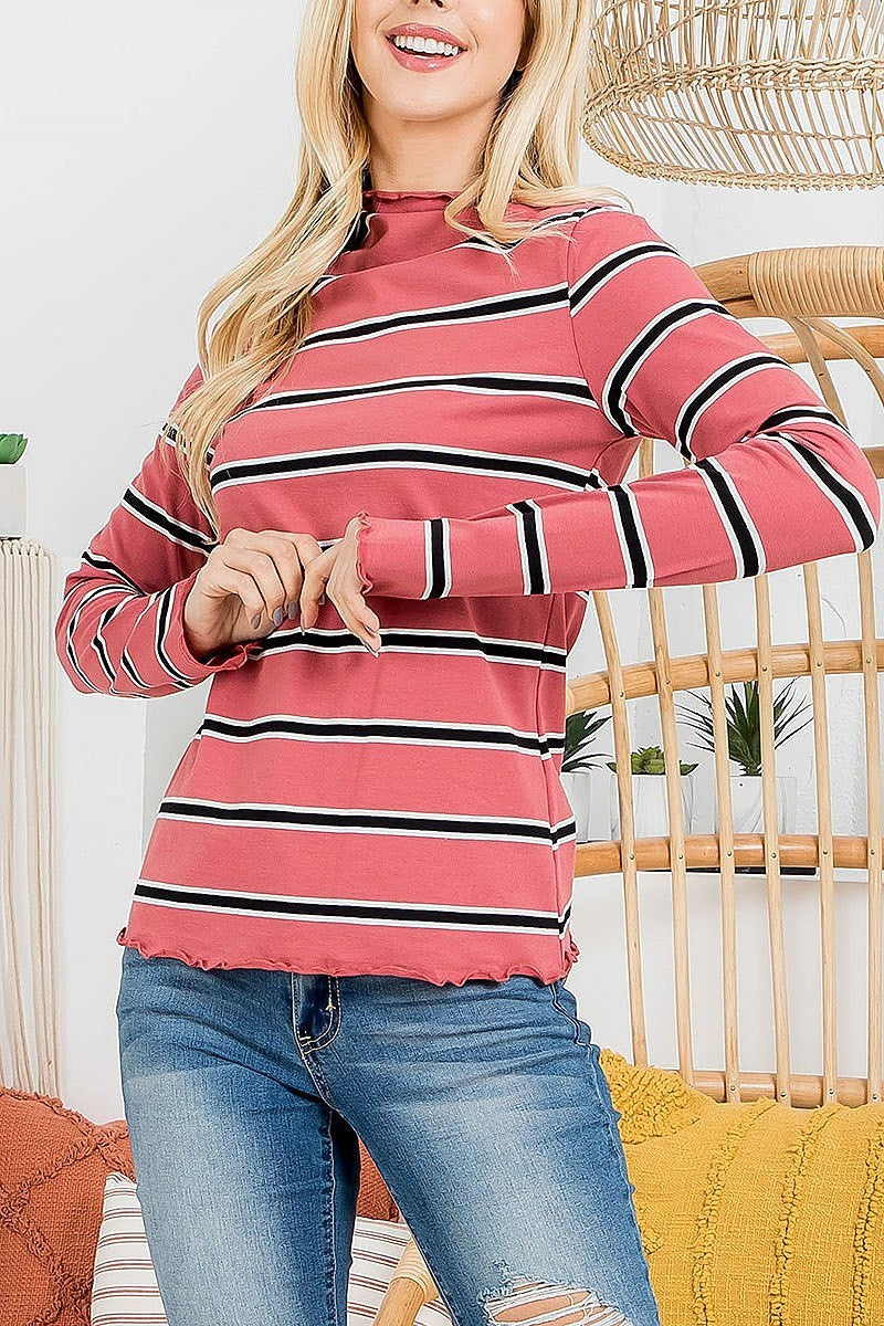 Mock neck stripe long sleeve top (EF2805)