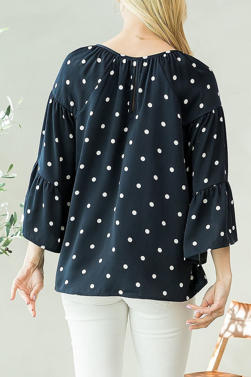 Bell sleeve polka dot ruched top (EF3938)