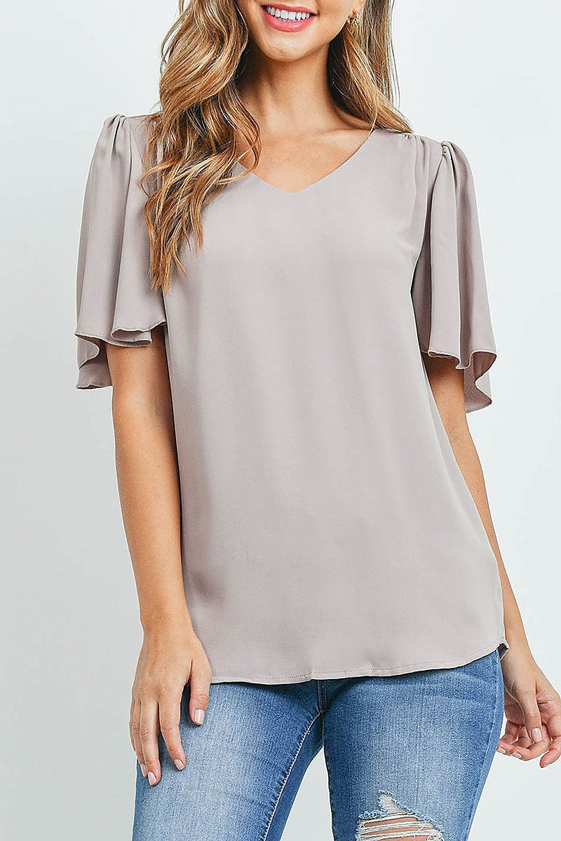 Waterfall sleeve v neck round hem top (ED9956)