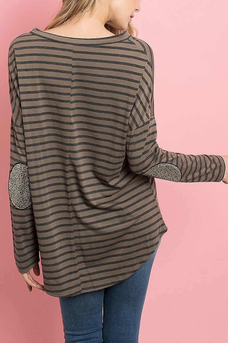 Embellished elbow patch stripe top (ED8273-1)