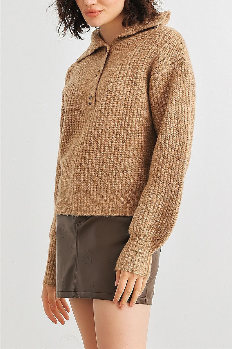 Wool knit button up neck crop sweater (TED2027)