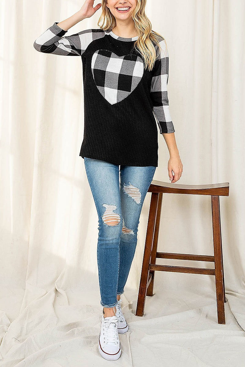 Plaid heart print quarter sleeve waffle top (EF2734)