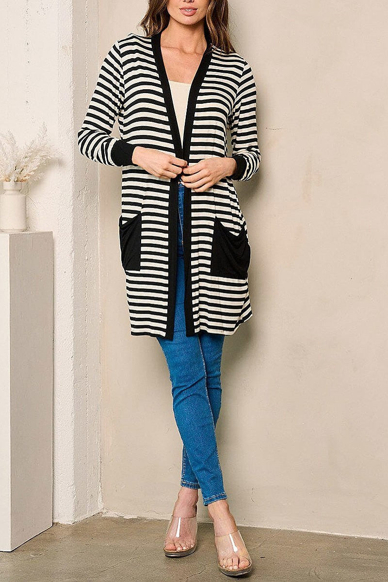 Long sleeve open front pockets stripes cardigan (EFWT4360)