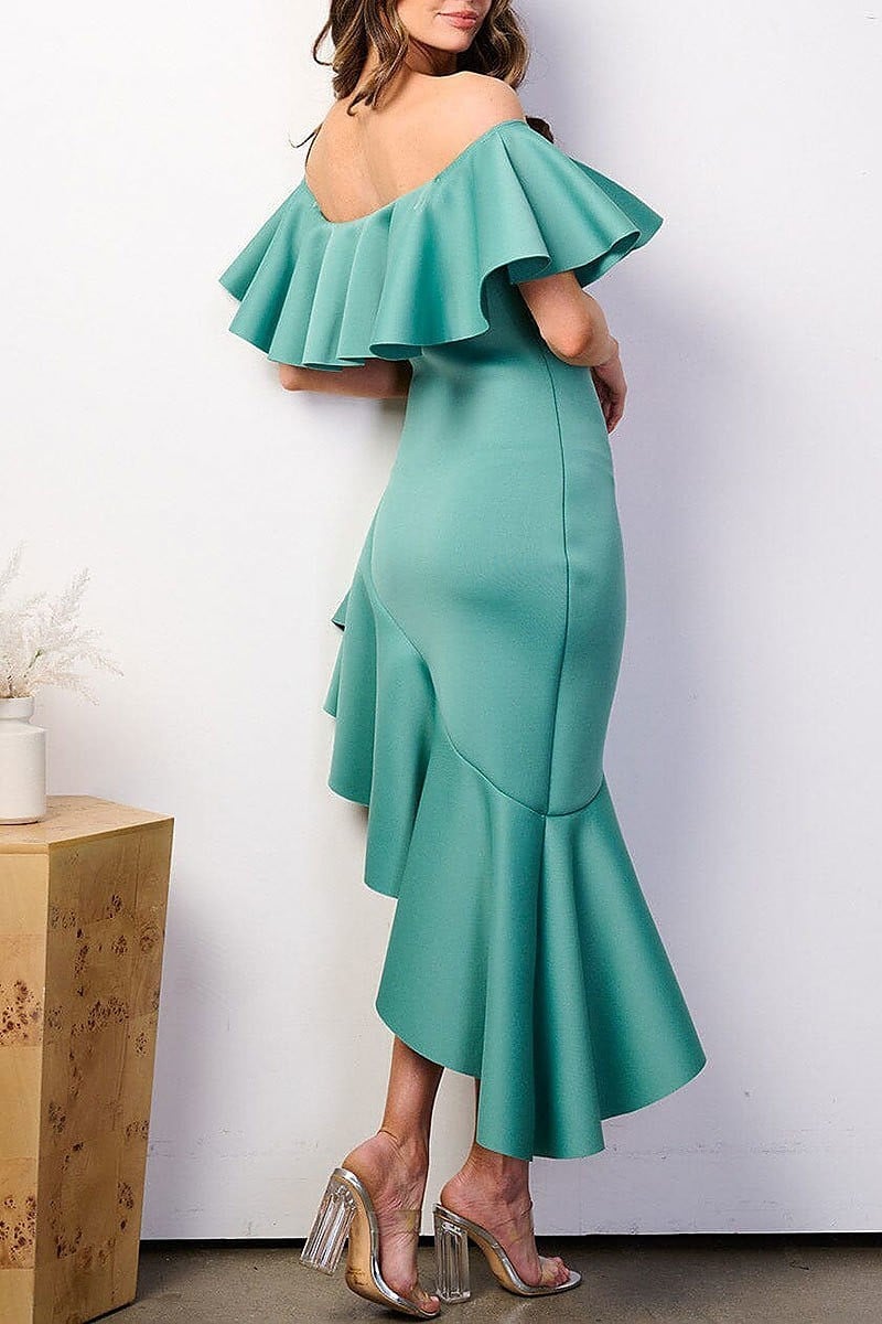 Off shoulder ruffle bandage high-low midi dress (EFWT8508)