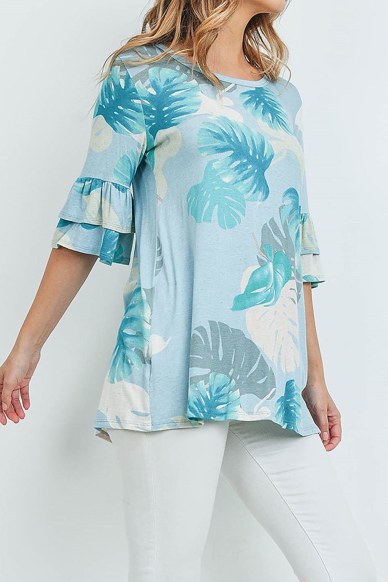 Bell sleeve leaves print tunic blouse top (ED8880-2)