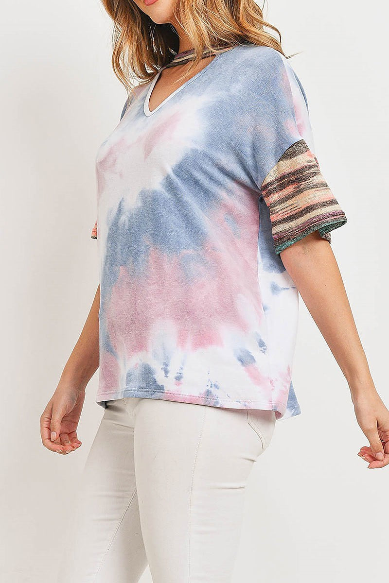 Stripe tie dye choker neck color block top (ED8931-LAST)