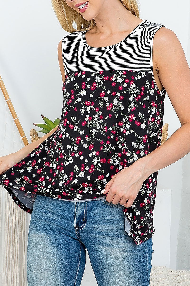 Stripes bust sleeveless floral top (EF4476)