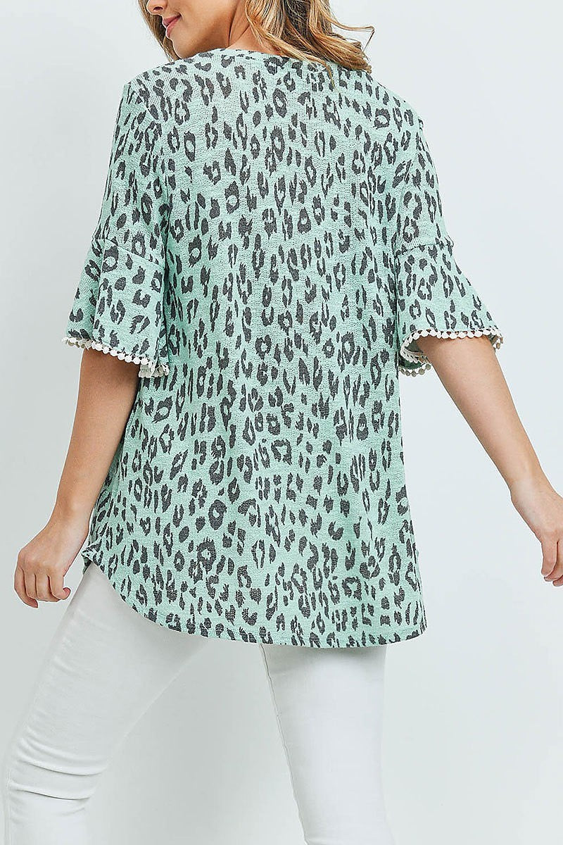 Lace detail bell sleeves leopard top (ED8809)