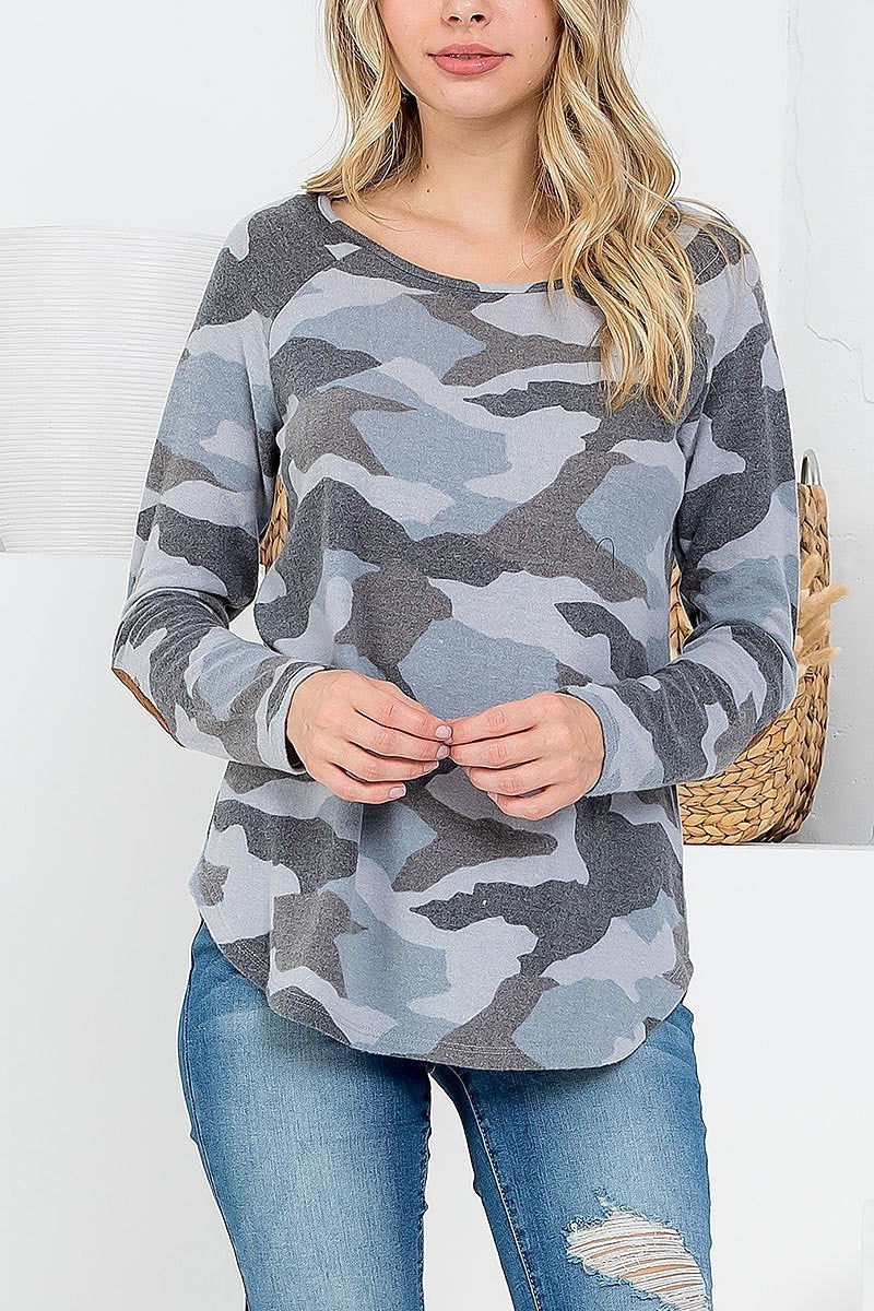 Suede elbow patch long sleeve camo top (EF2538)