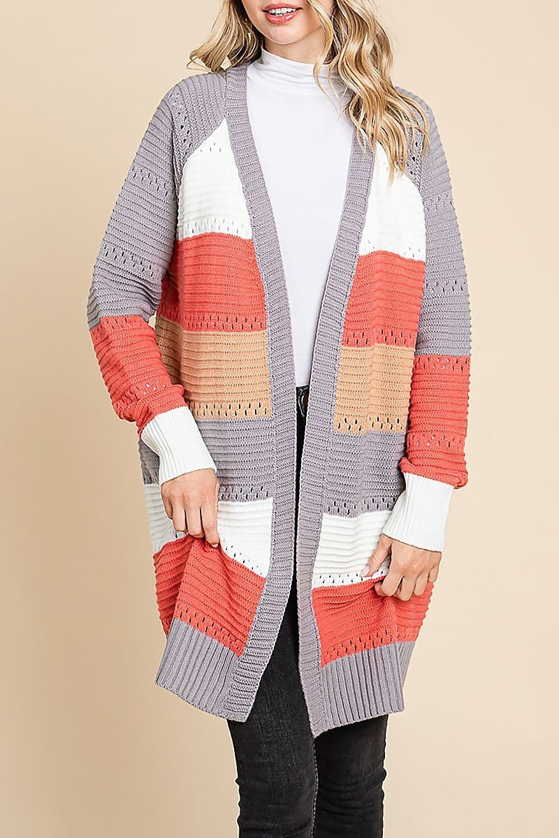 Color block open knit cardigan (EDH1814)