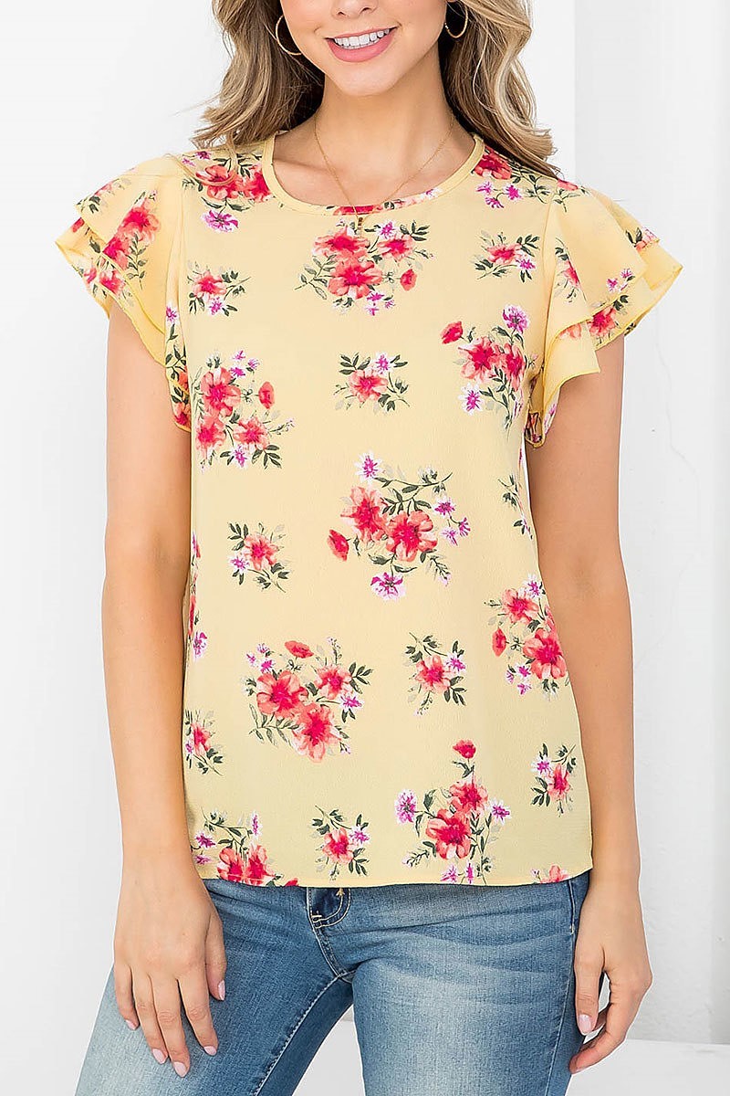 Ruffle sleeve round neck floral blouse (EF4371)