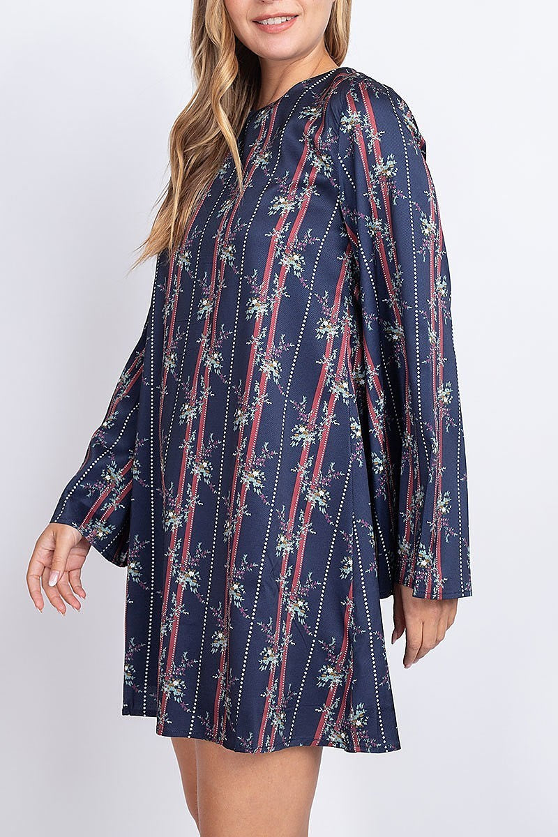 Floral print stripe bell sleeve tunic dress (DED6813)