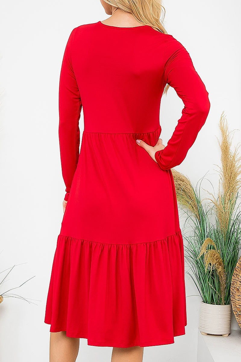 Solid long sleeve tiered pocket flare dress (DED8853)