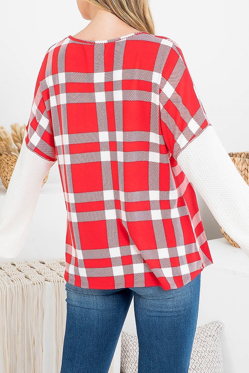 Knit elastic band long sleeve plaid top (EF2643)