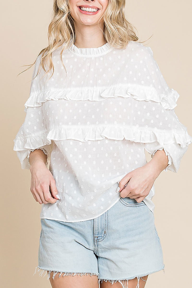 Snow dot voile mock neck dolman blouse (EDH1084)