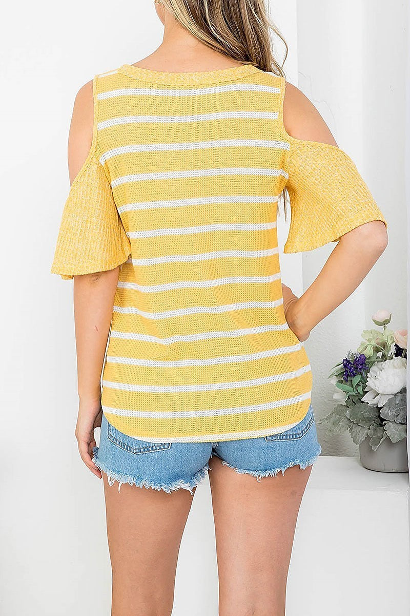 Button front cutout shoulder stripe top (EF4233)