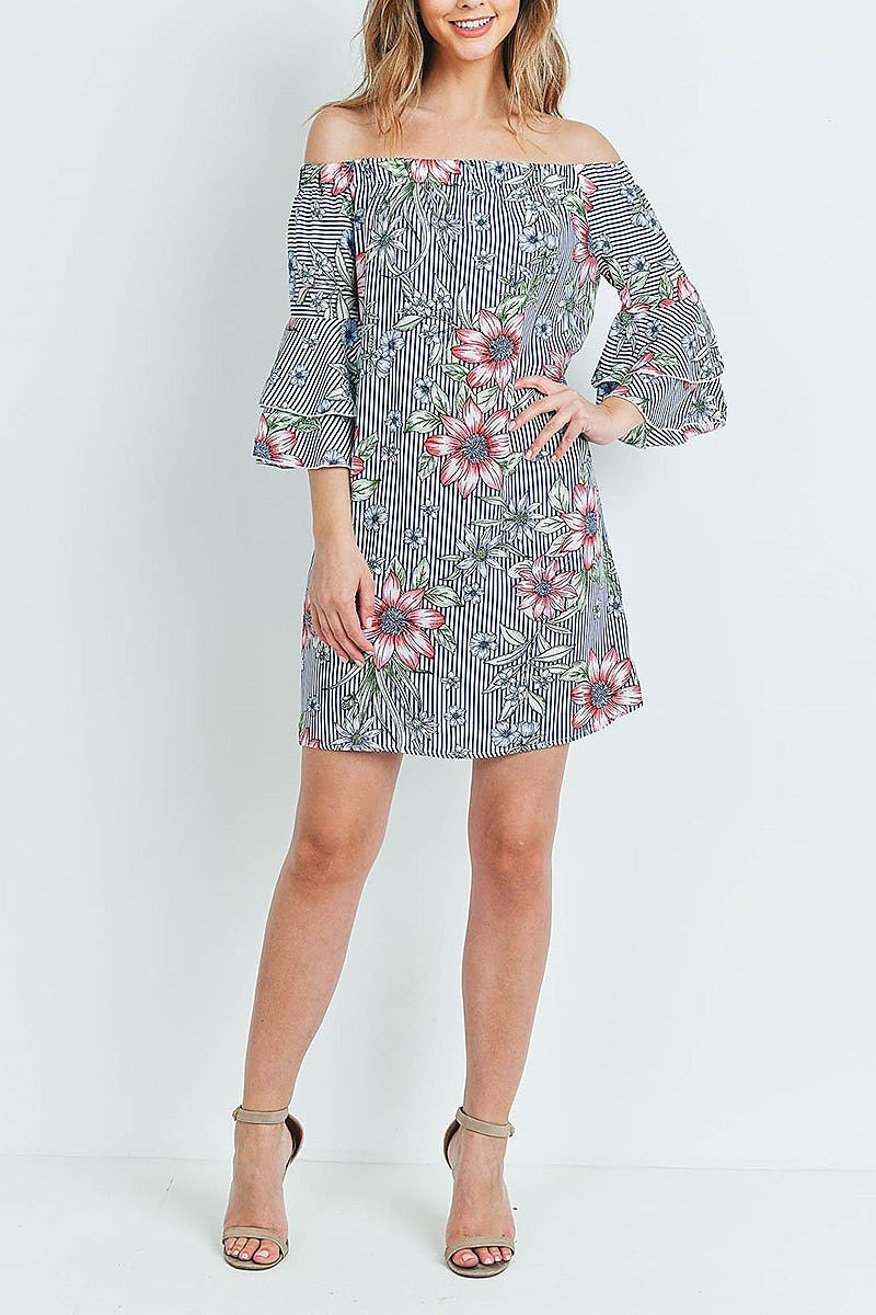 Off shoulder floral stripe bell sleeve dress (DED5820-LAST)