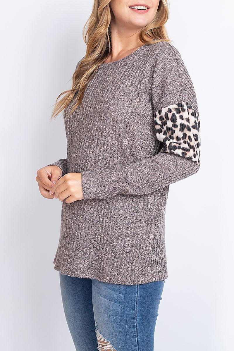 Leopard sleeve detail round neck top (EF2223-REST)