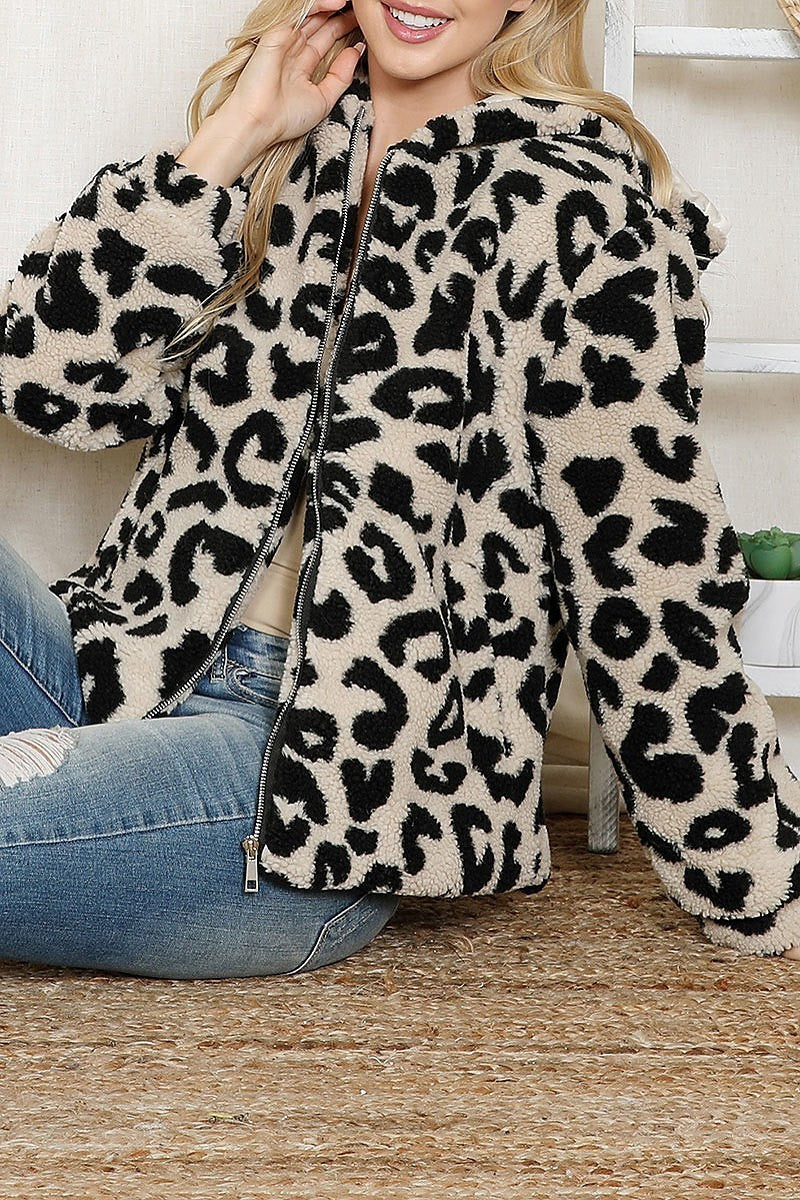 Leopard print faux fur hoodie jacket (DGS6324)