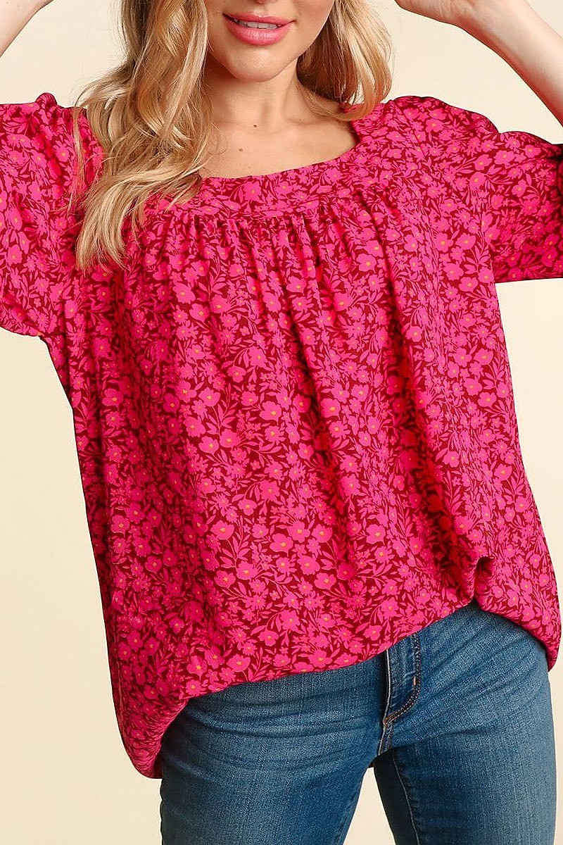 Three quarter sleeve small floral woven top (ETBM4428)