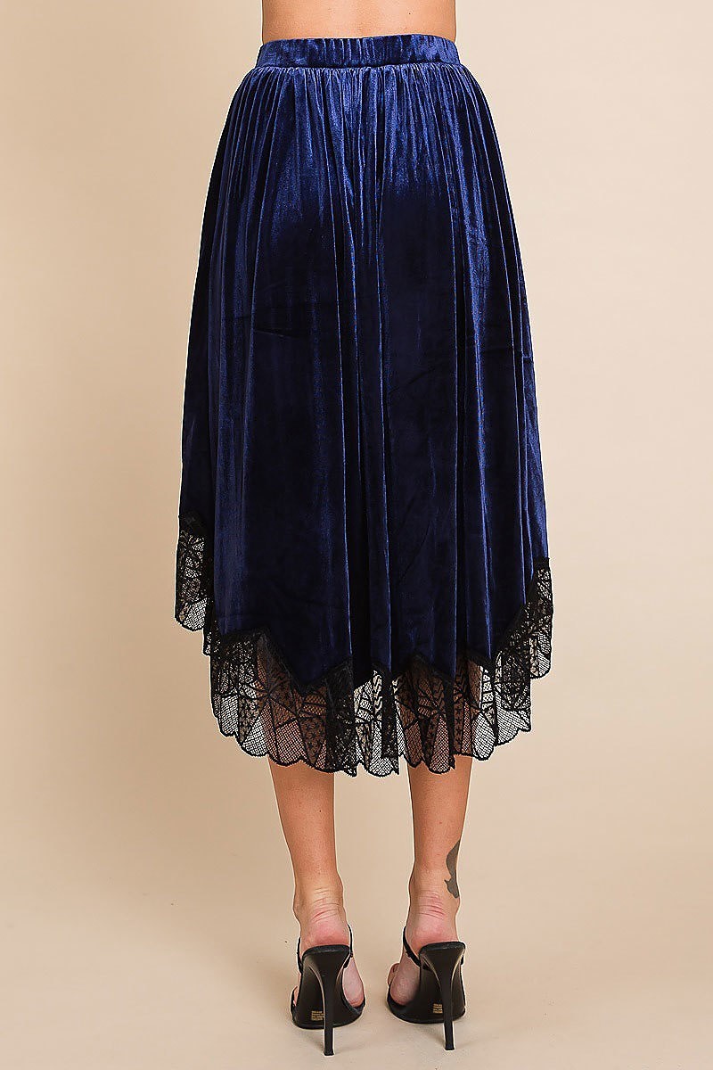 Velvet elastic waistband hi-low midi skirt w lace (EDH1827)