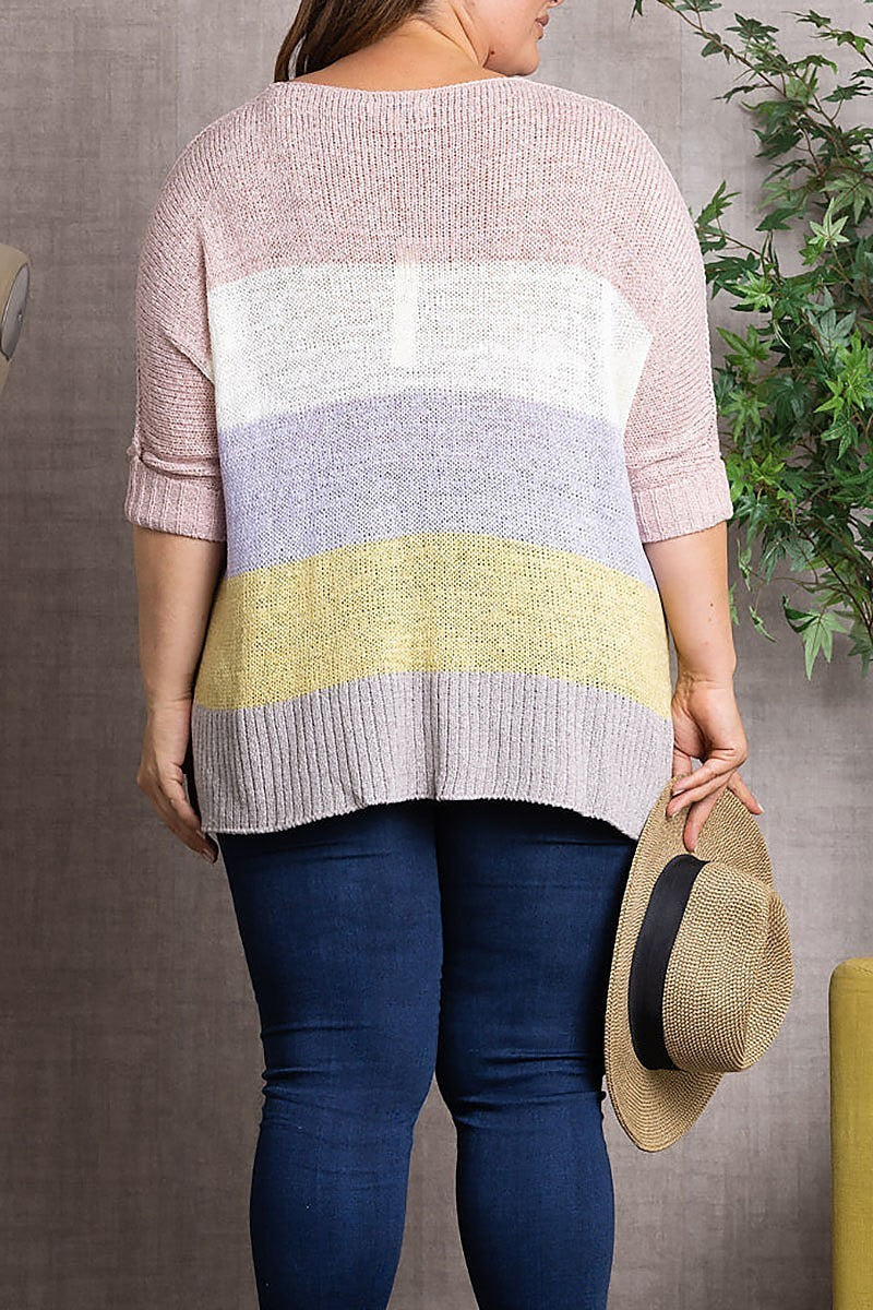 Color block folded sleeve plus size knit top (EDSW3404)