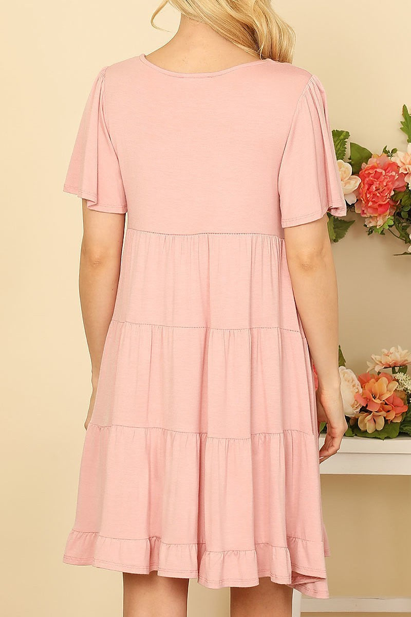 Ruffle short sleeve tiered solid dress (DED9451)