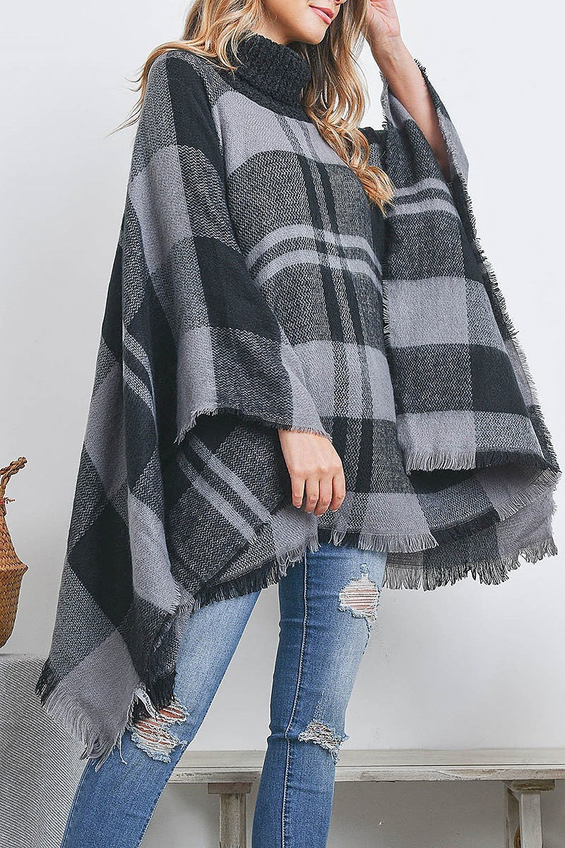 Plaid knitted turtlekneck poncho (DGS5458)