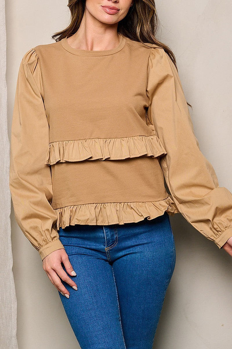 Long sleeves ruffle detailed top (EFWT4406)