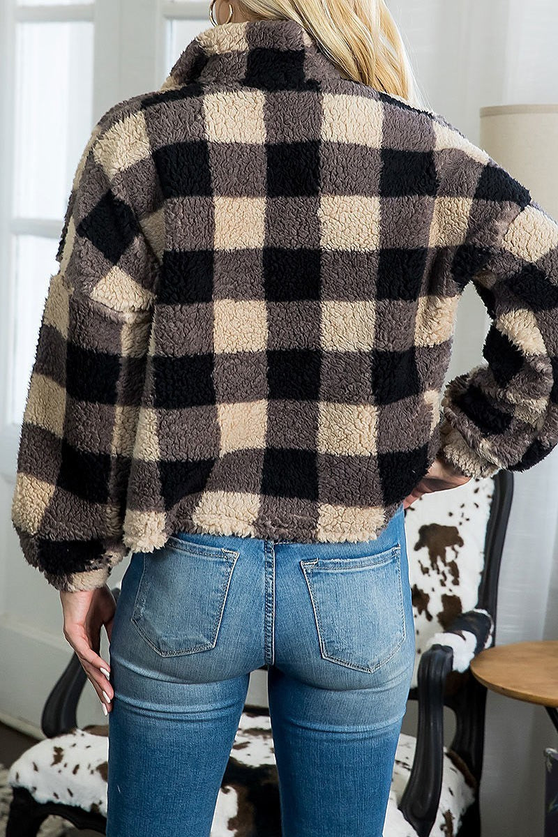 Button detail long sleeve fleece plaid top (DGS5775)