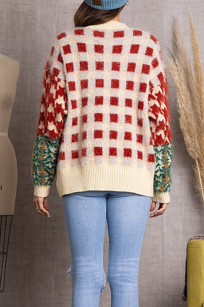 Fuzzy plaid wrap sweater (EDSW3634)