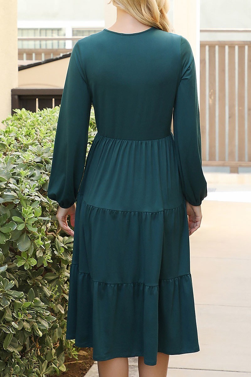 Solid long sleeve elastic waist tiered dress (DED8893-1)