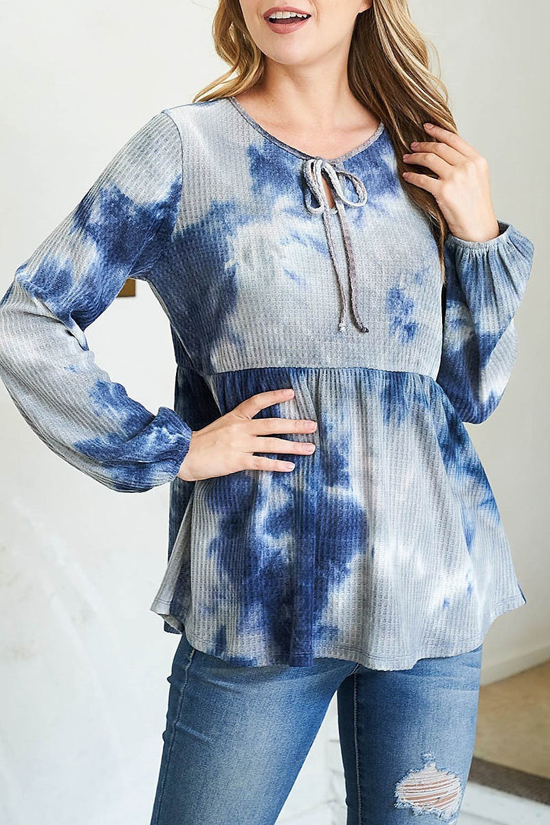 Puff sleeve neckline ribbon detail tie dye waffle top (EF2585)