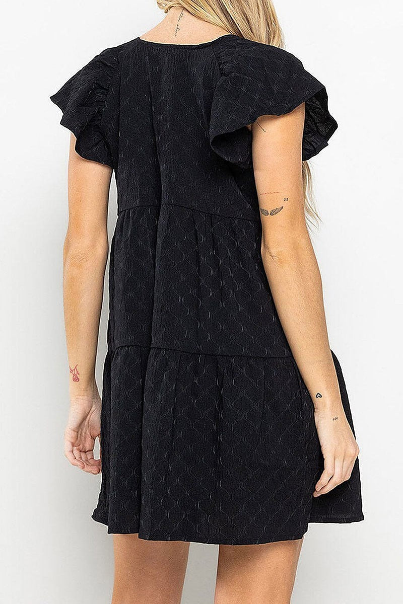 Ruffle sleeves detailed tiered tunic mini dress (EFWT5528)