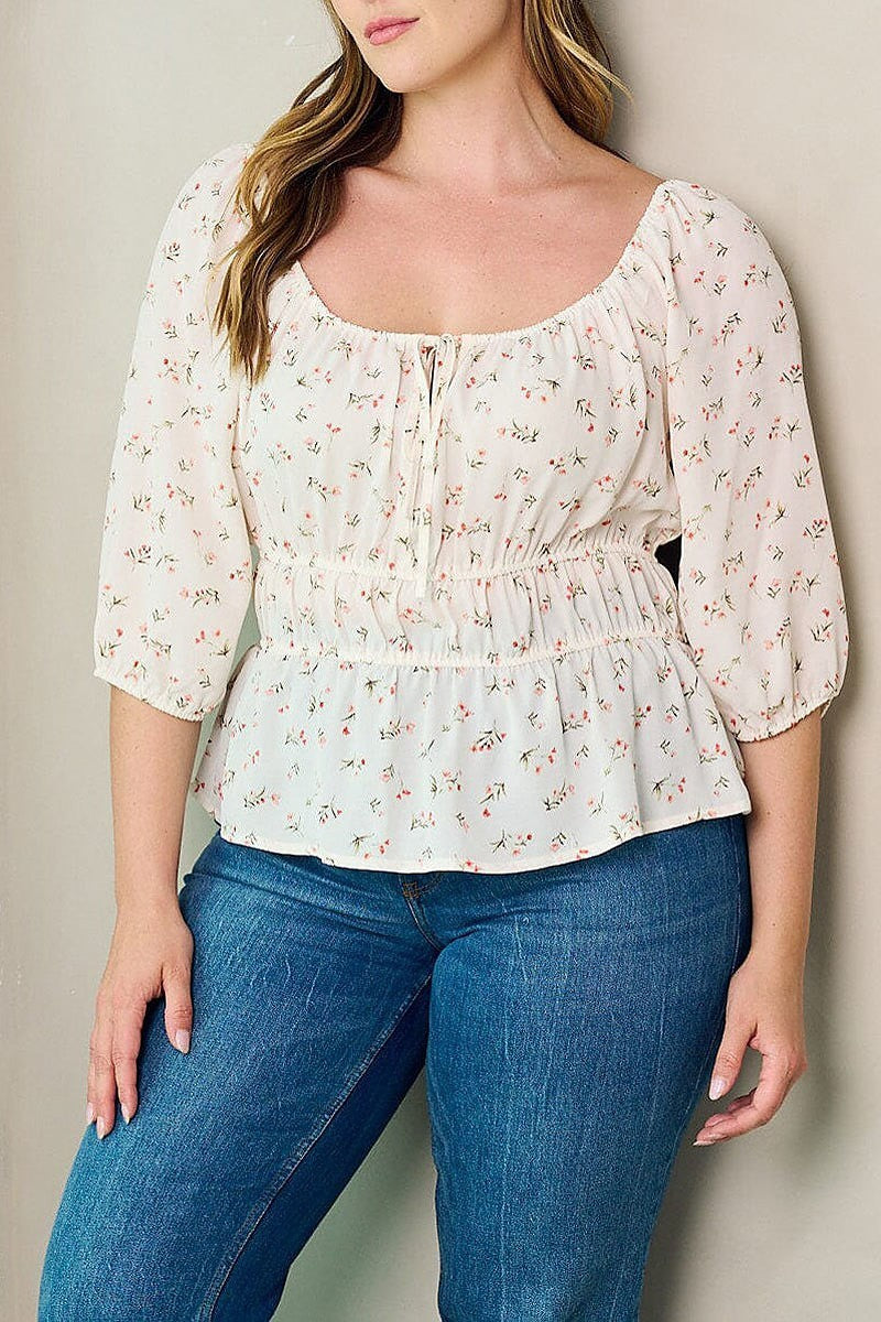 Quarter sleeve floral peplum blouse top (EFWT2942)