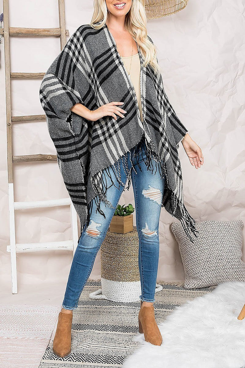 Plaid open front fringe ruana kimono (DGS5554)