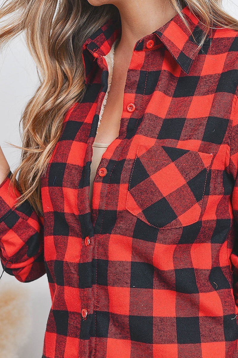 Sherpa fleece lined plaid flannel shirt top (EF2364)