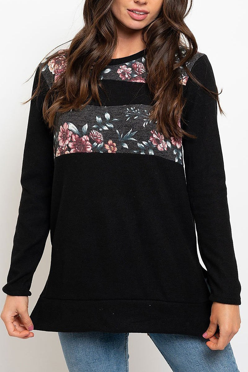 Long sleeve solid and floral mix top (EDWT2264)