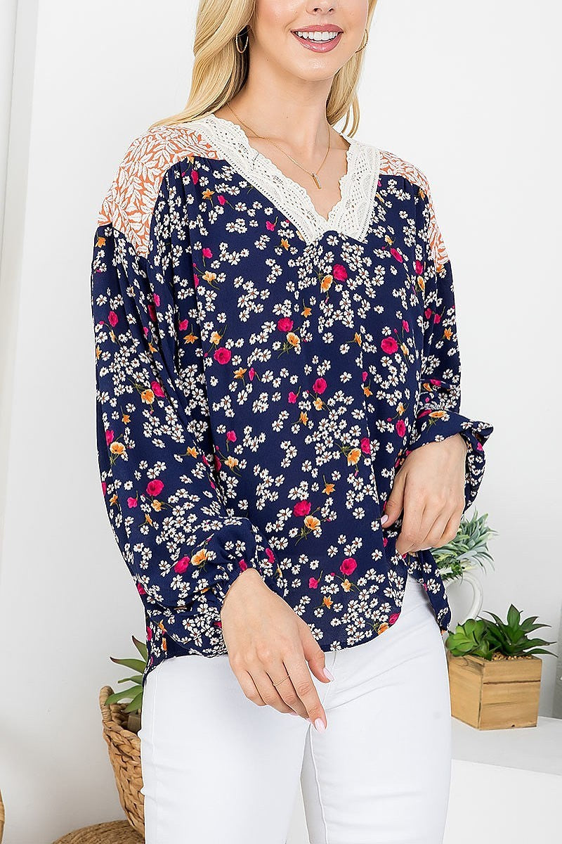 Floral mix print lace trim v neck top (EF4220)