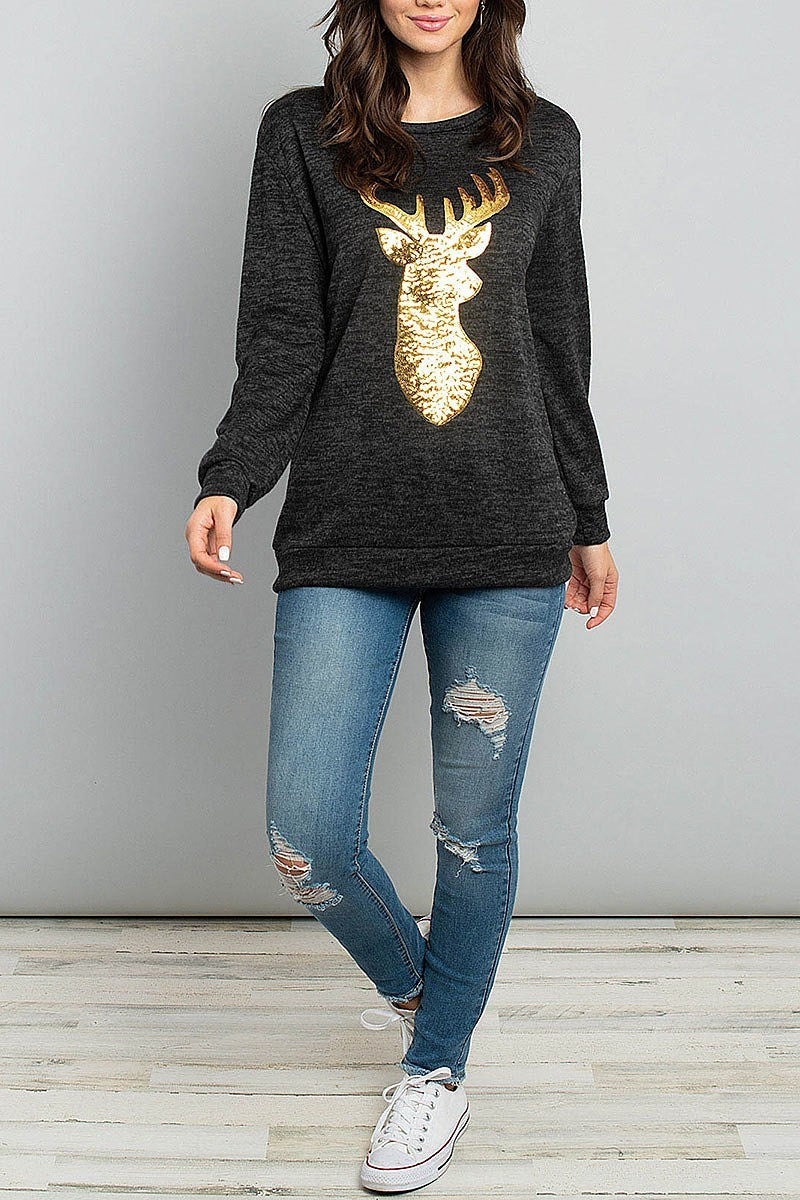 Brushed hacci sequins reindeer shape top (ED8318)