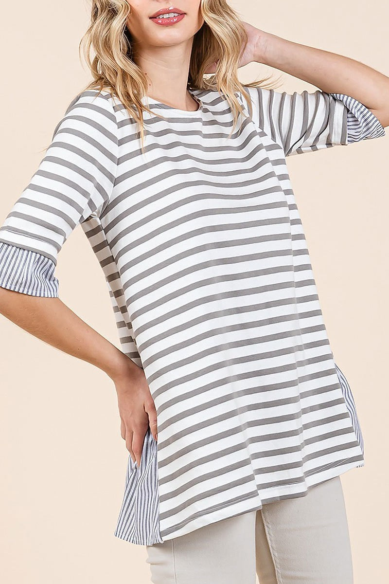 Cotton stripe lace up detail top (EDH2135)