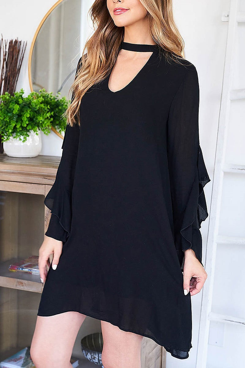 Ruffle bell sleeve choker neck dress (DED7082)