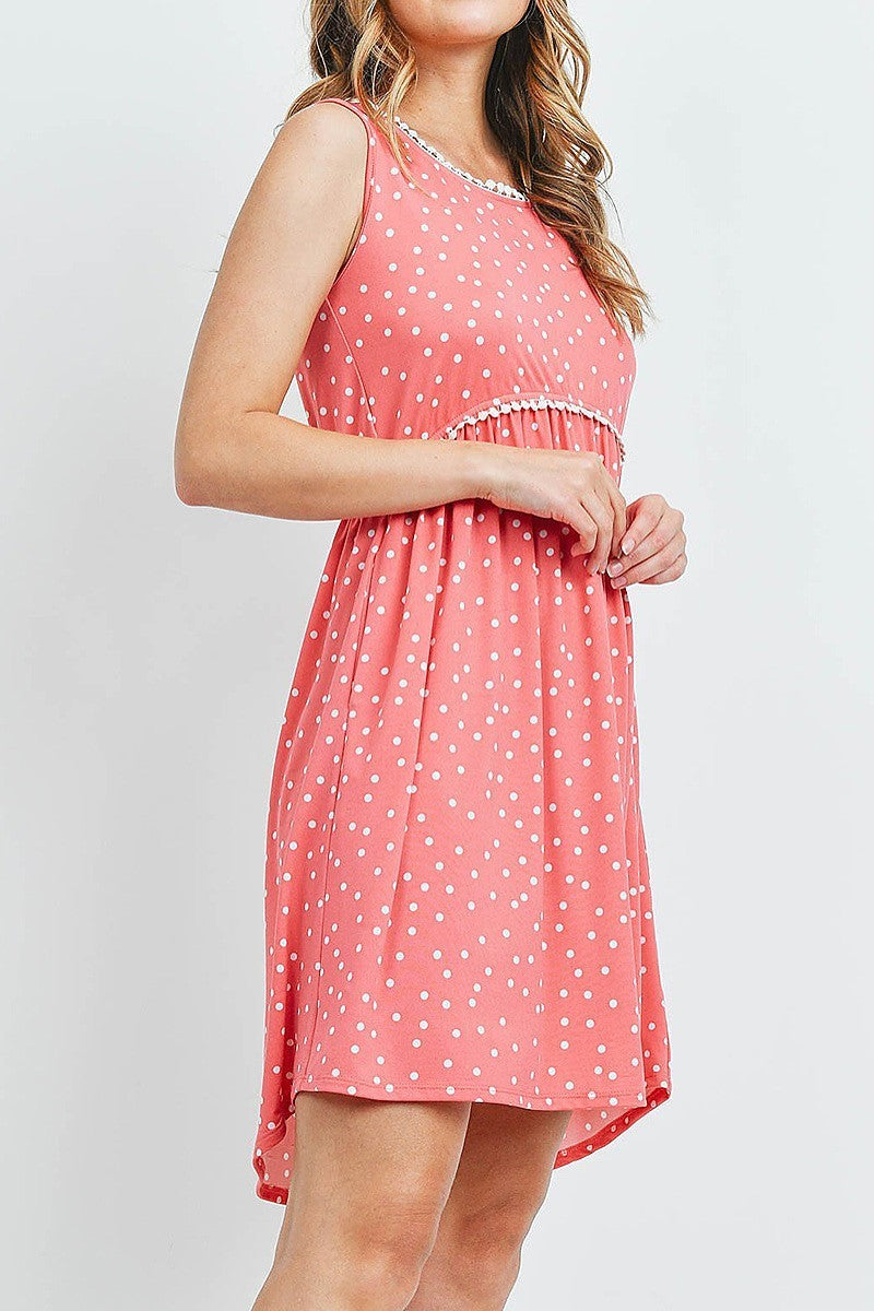 Polka dot sleeveless pompom detail neckline cinch waist baby doll dress with pockets (DED6176-3)