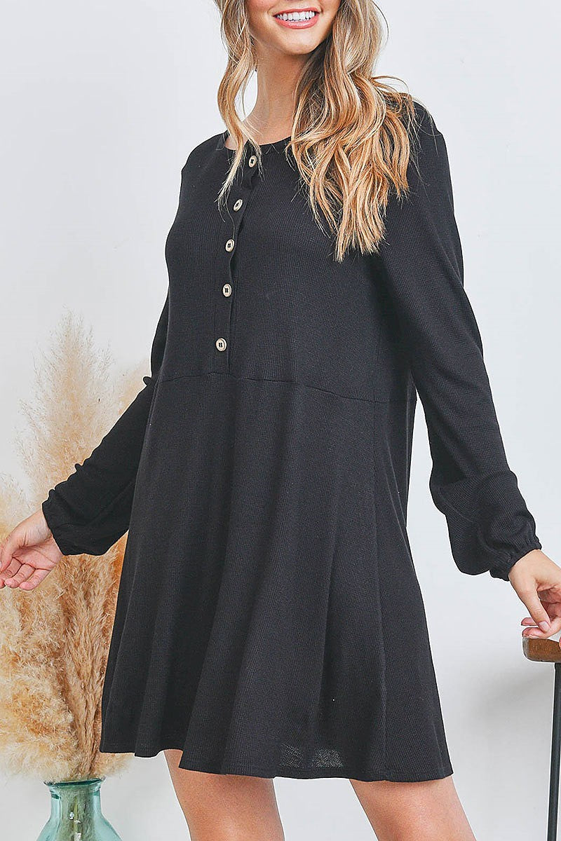 Button front bubble sleeve dress (DED6965)