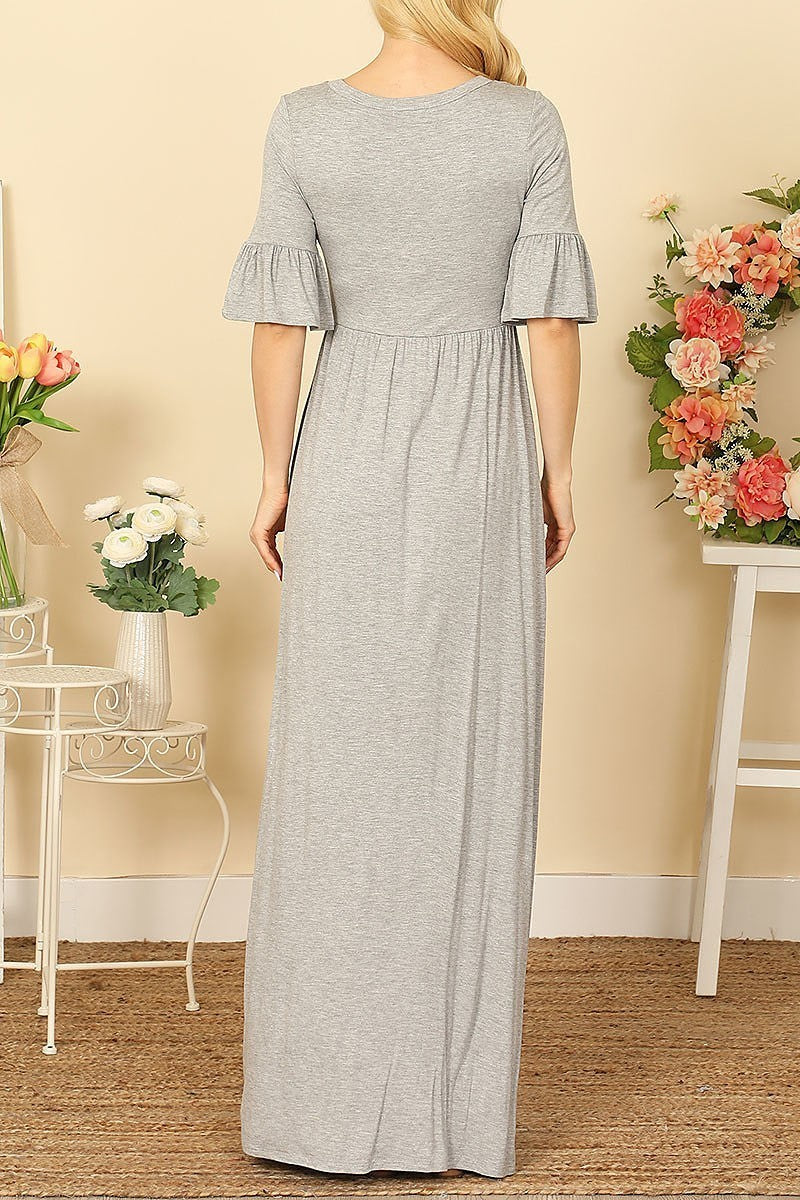 V-neck button detail side pocket solid maxi dress (DED9441)