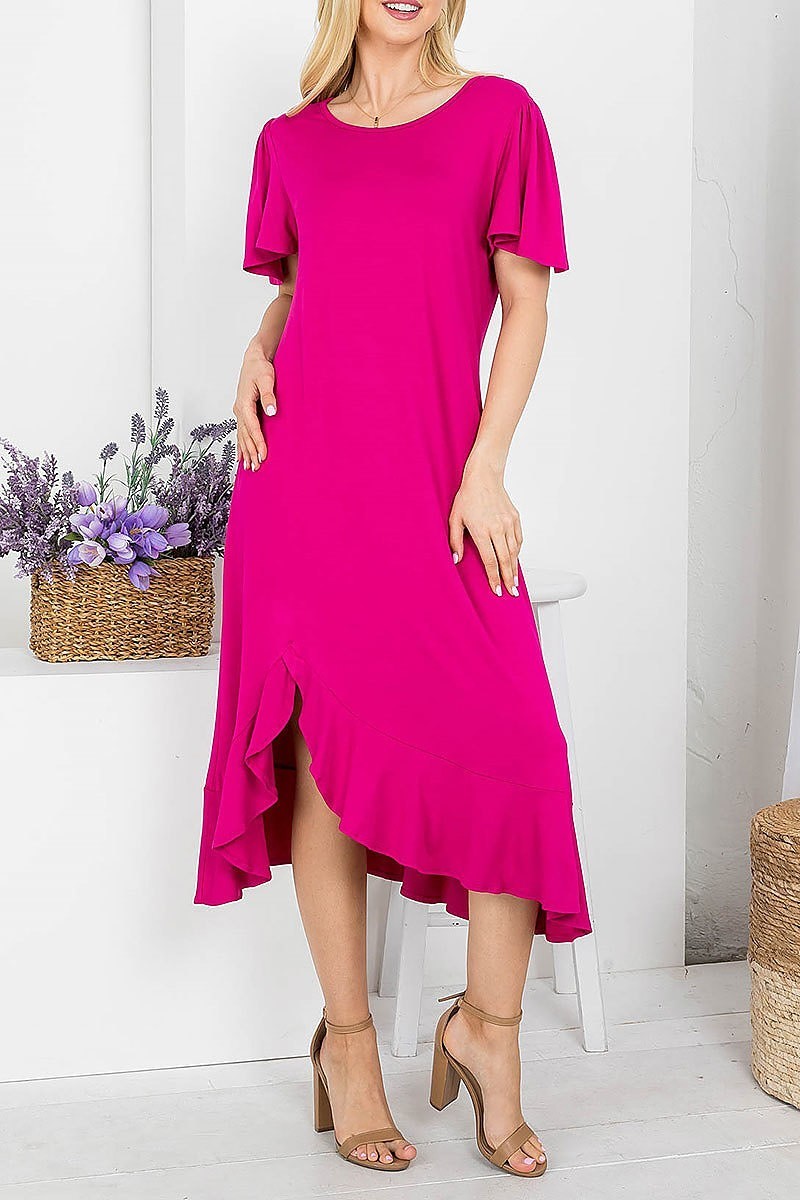 Flutter sleeve aymmetric ruffle hem midi dress (DED7827)