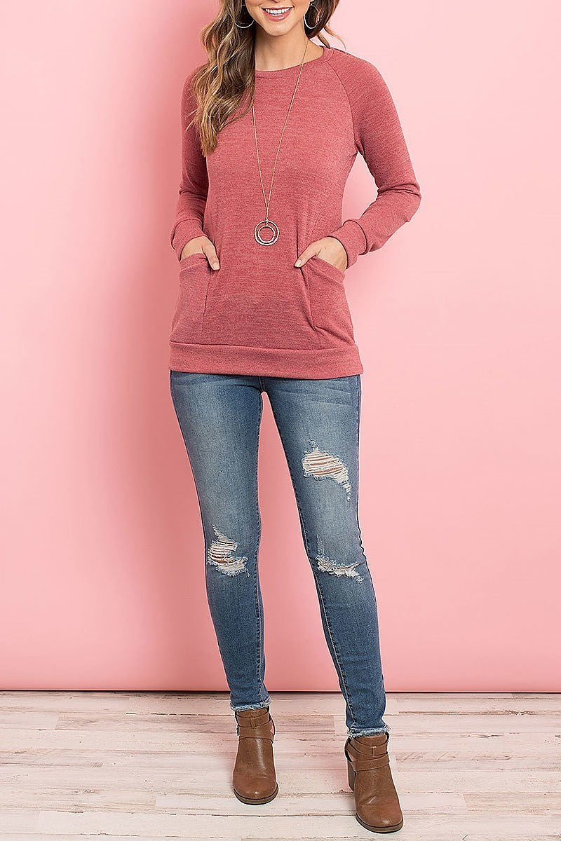 Knit front pocket long sleeved top (ED8327)