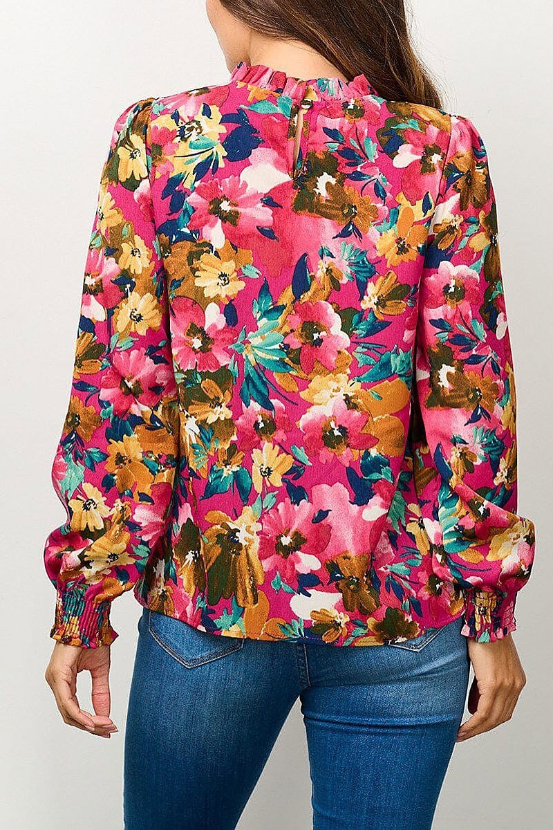 Long sleeve mock neck floral blouse top (EFWT6667)